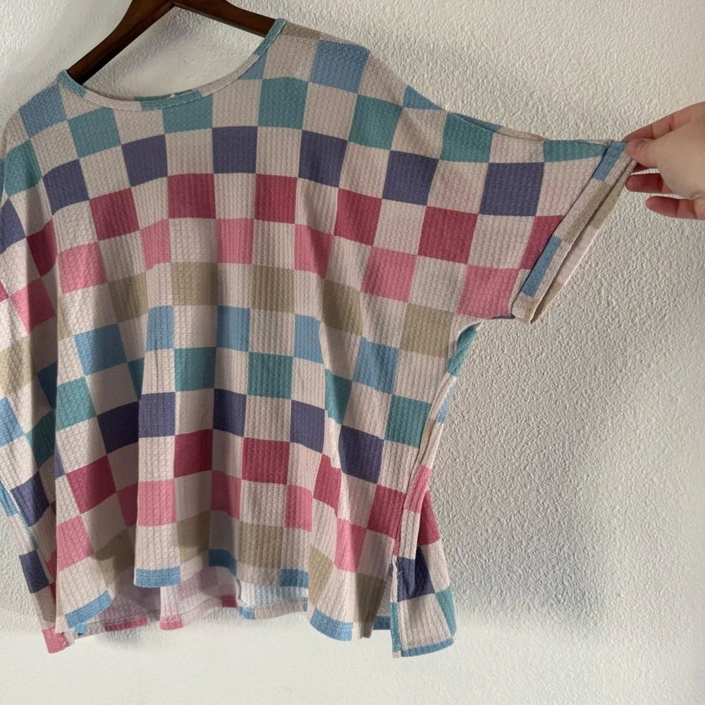 Cozycore Hopely Pastel Checkerboard Waffle Knit Oversized Top Large Cottagecore - Picture 7 of 12